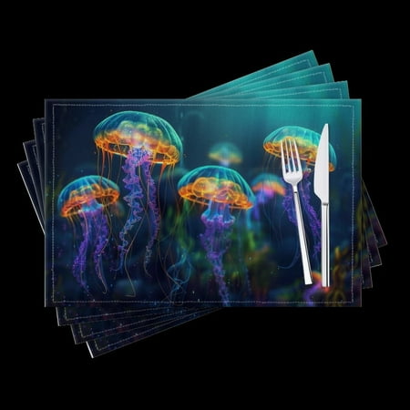 

BaHomeck placemats Set of 4 Group Of Glowing Jellyfish In The Deep Sea Cotton Linen rectangle Placemats for Kitchen Dining Table Indoor Outdoor 18*12inch