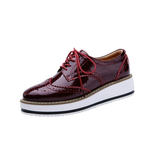 hopeusnice Deals Women's Platform Oxford Shoes Lace Up Brogue Patent Leather Shoes Comfortable Breathable Wedge Heel Sneakers Red 38