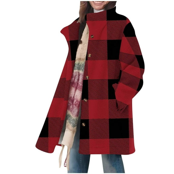 Wensltd Women's Quilted Fleece Jacket Lapel Collar Long Sleeve Spring Fall Plaid Coat Button Up