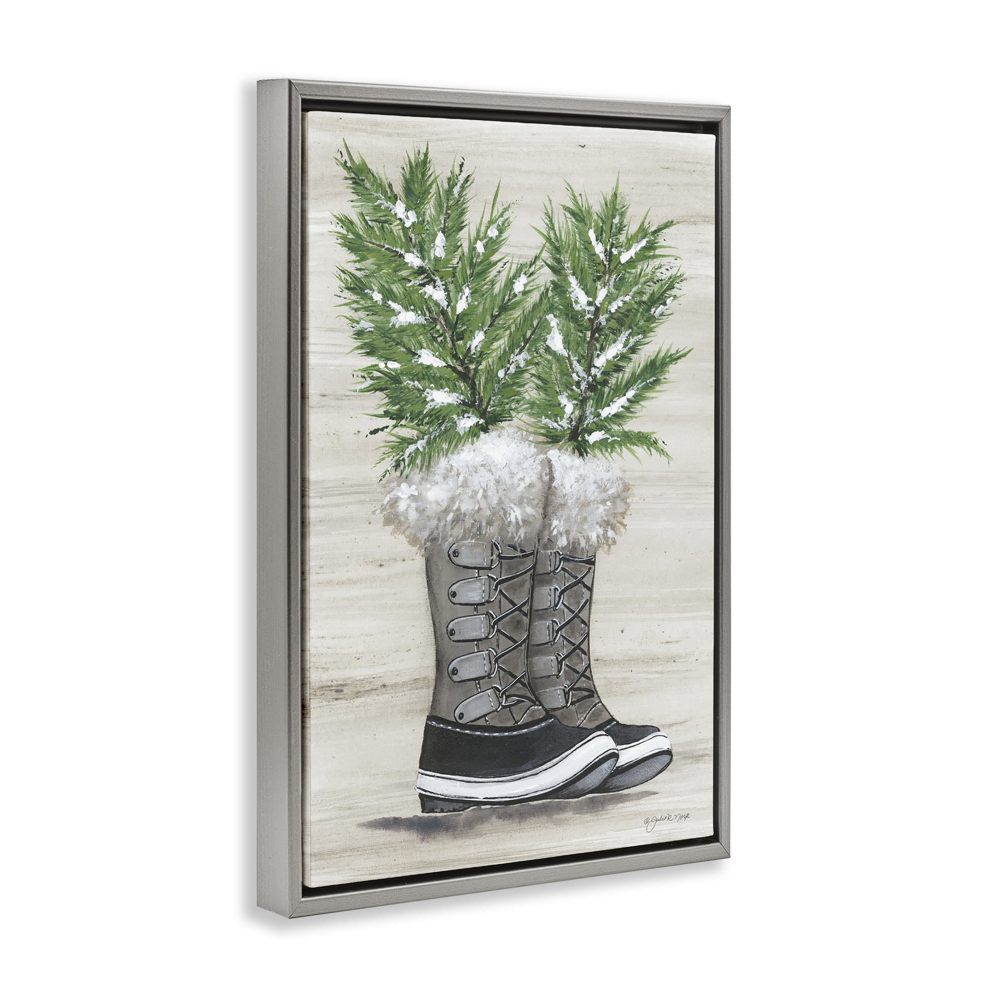 Stupell Industries Winter Sprigs in Boots Botanical & Floral Painting Gray Floater Framed Art Print Wall Art, 21 x 31
