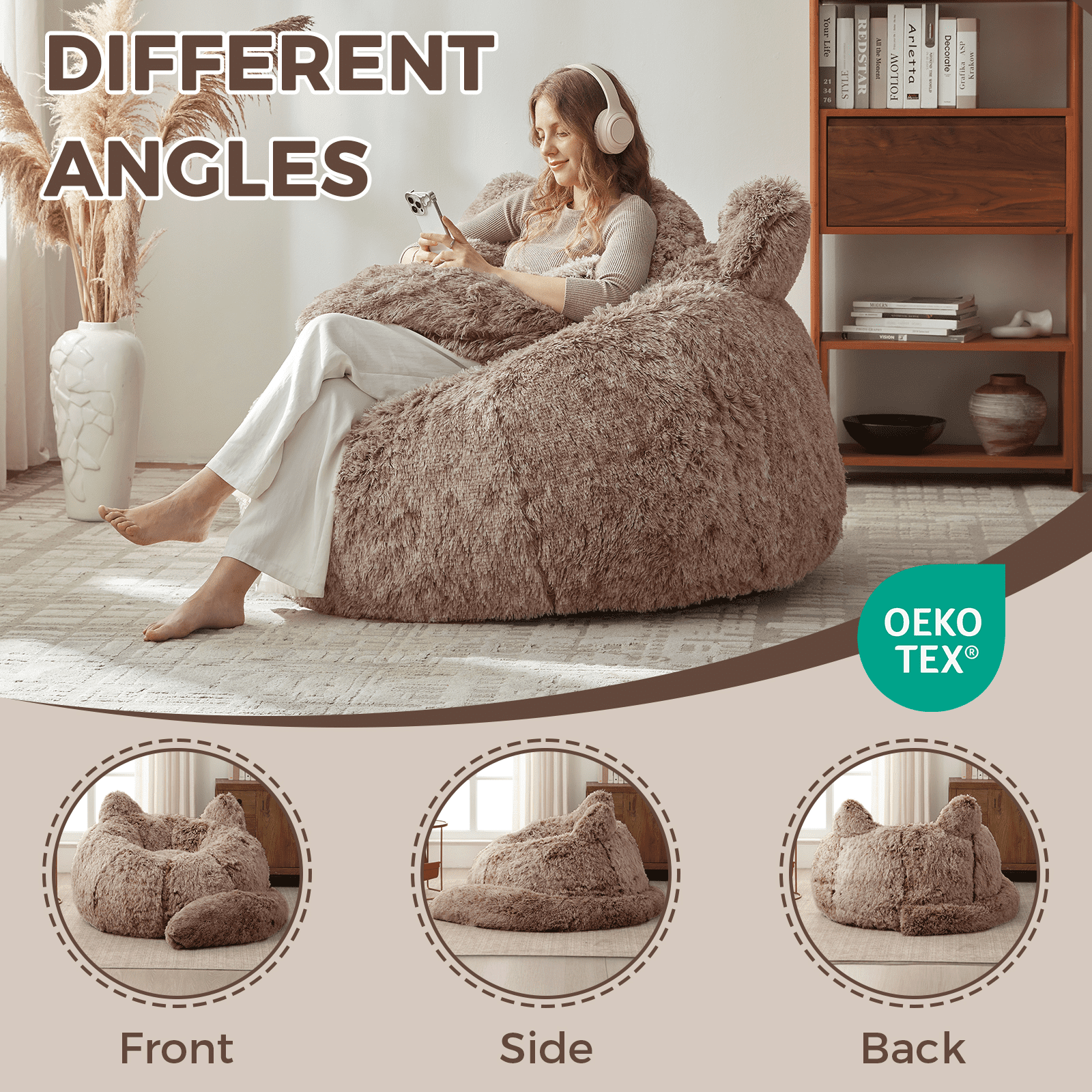 Ebenchico 3.6ft Cat Shaped Bean Bag Chair for Adults Teens Kids, Giant Faux Fur Plush Beanbag Chairs with Filler, Brown