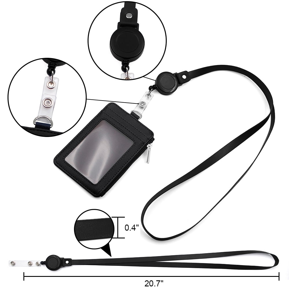 GOGO Badge Holder with Zip, Slim PU Leather ID Badge Card Wallet Case with 20" Neck Lanyard and Retractable Badge Reel-Gray