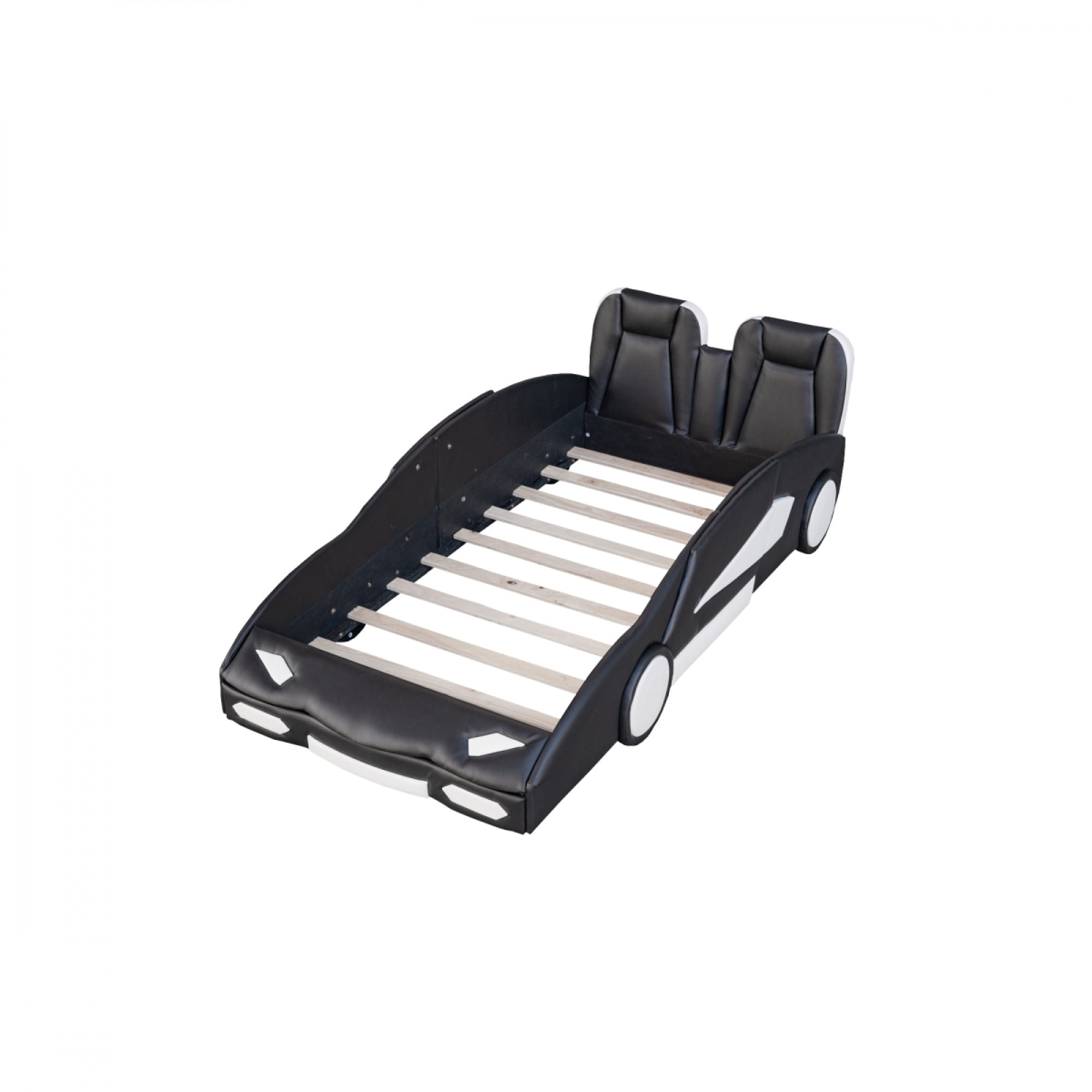 Twin Size Race Car-Shaped Platform Bed with Wheels for Kids, Wooden Bed Frame for Bedroom, No Box Spring Needed,Black