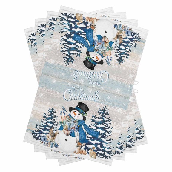 Blue Christmas Snowman Kitchen Towels Set of 4, Water Absorbent Dish Towel, Xmas Tree Elk Gifts Snowflake Vintage Decorative Hand Towels - Quick Drying Cloth for Cooking Baking, 18x28 Inch
