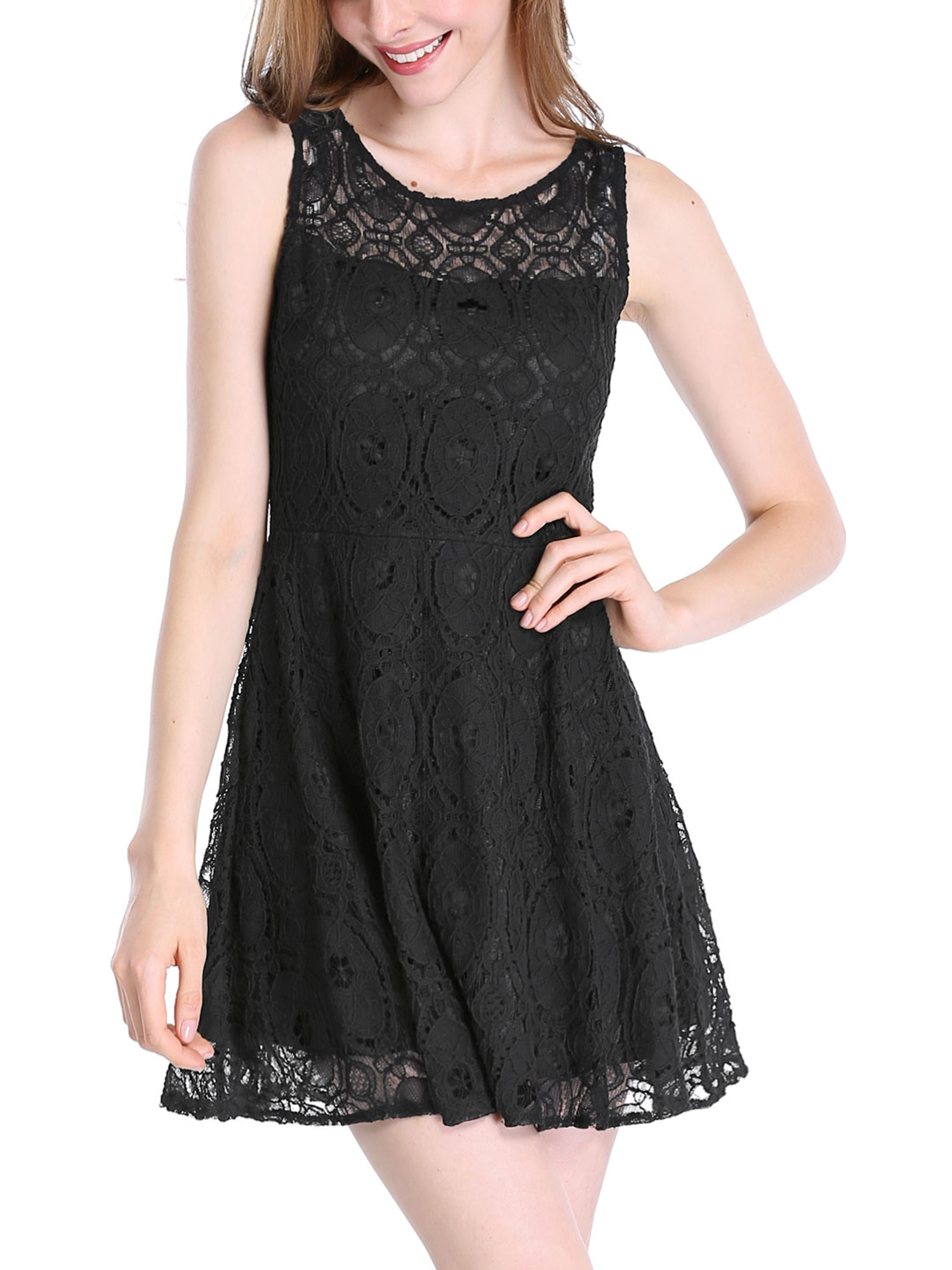 MODA NOVA Junior's Floral Lace Sleeveless Semi Sheer Flare Mini Dress Black L - image 3 of 6