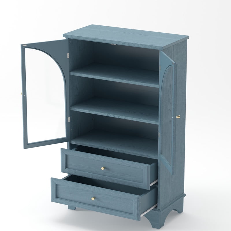 Aisword 52.17"H Arched Glass Door Curio Cabinet with 2 Drawers & Adjustable Shelf, Display Storage Cabinet for Living Room,Bedroom,Office,Blue