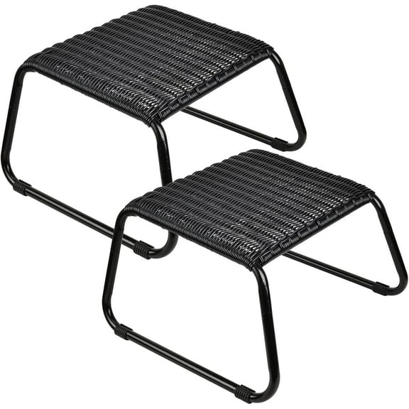 Wicker Ottomans Outdoor Footstool,Patio Rattan Garden Furniture All Weather Foot Stool Outdoor Footrest for Backyard Poolside Porch 2 Set Black