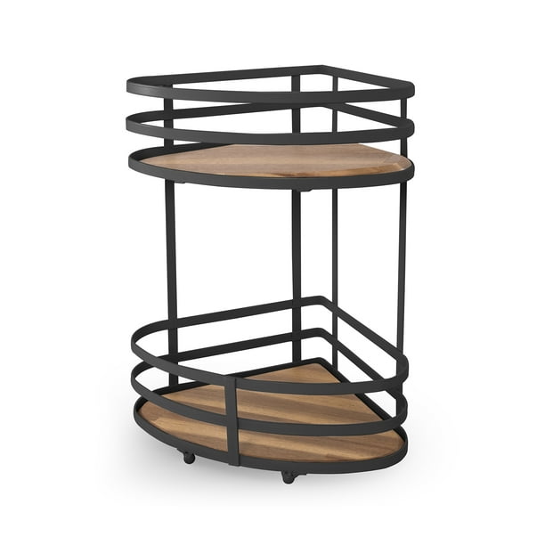 Estante Esquinero Para Baño Organizador Acento de Almacenamiento De Baño 2 Niveles Mueble Para Baño Metalico Negro Mate con Madera Acacia