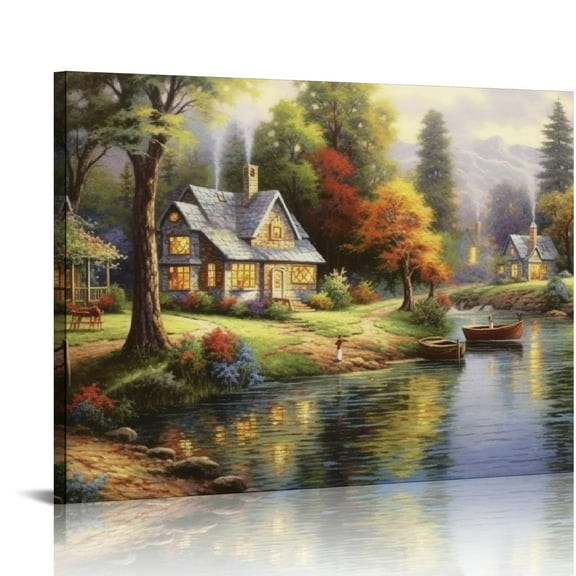 EastSmooth Thomas Kinkade River Village Canvas Art Thomas Kinkade Paintings Landscape Wall Art for Bedroom Livingroom Office Framed Ready to Hang