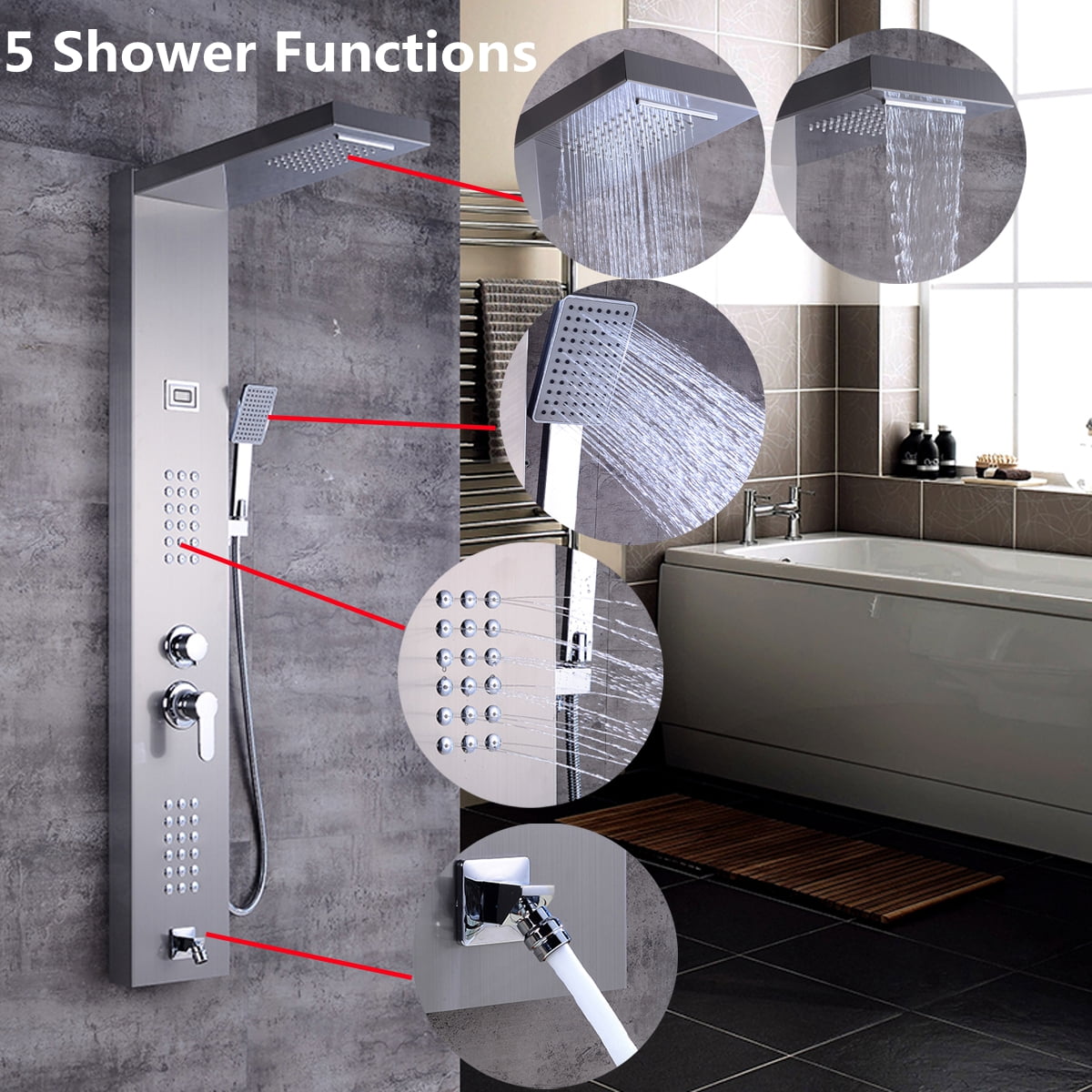 Bathroom Brushed Nickel Massage Shower Faucet Panel Thermostatic Column Tap Set 