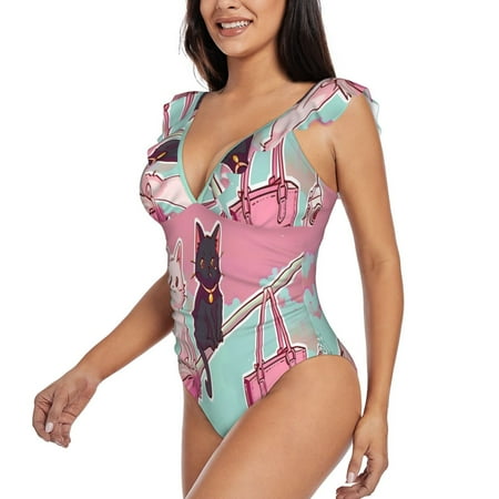 KLL Cats On Broomstick for Women s Ruffled One Piece Swimsuit Tummy Control Bathing Suit V Neck Swimwear