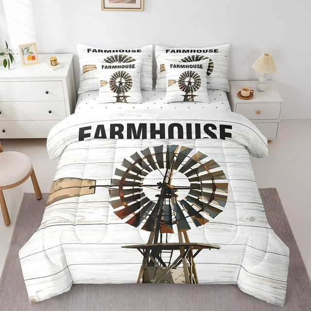 YST Farmhouse Decor Comforter Set Bed in a Bag Twin Size Rustic Windmill, 1 Comforter & 2 Pillowcases