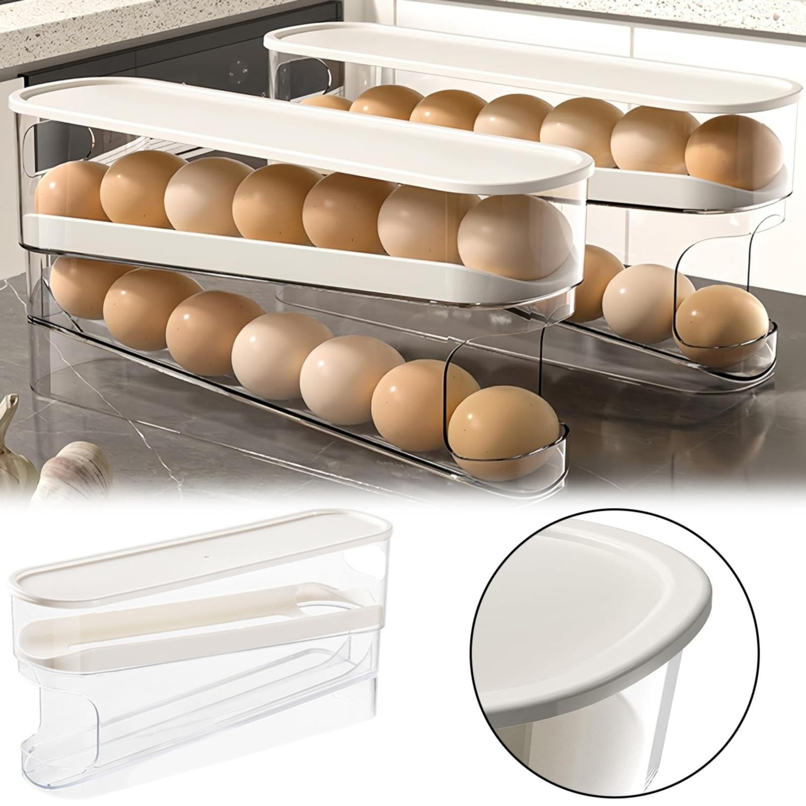 Slide Style Egg Box,Automatic Rolling Refrigerator Egg Storage Box Space Saving Egg Dispenser Storage Box with Lid Egg Rack
