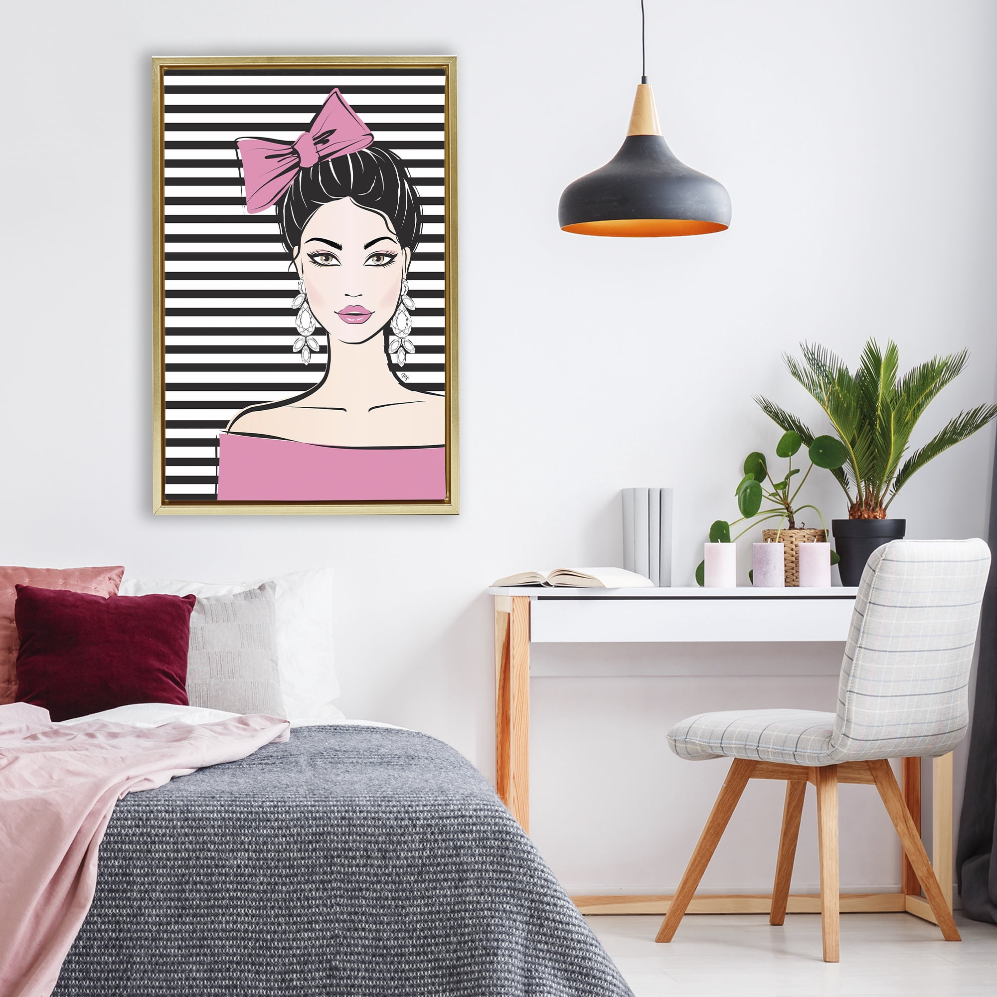 Stupell Industries Girl with Pink Bow & Earrings Gold Framed Floater Canvas Wall Art, design by Martina Pavlova