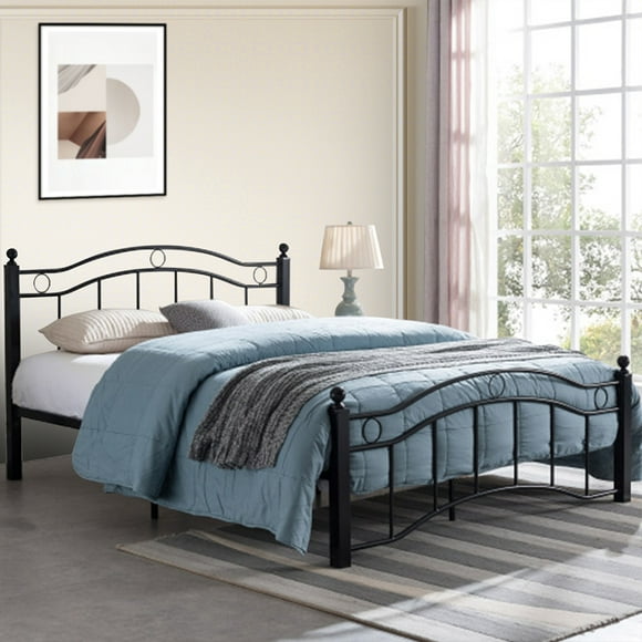King-Size-Bed-Frame-with-Headboard-Platform Metal Bed Frame with Pattern Design No Box Spring Needed(Black)