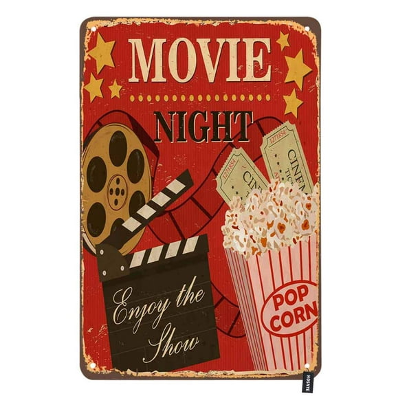 Movie Night Poster Tin Sign Enjoy The Show with Popcorn Red Background Vintage Metal Tin Signs Wall Art Decor for Home Bars Clubs Cafes Size: 8 x 12 inch