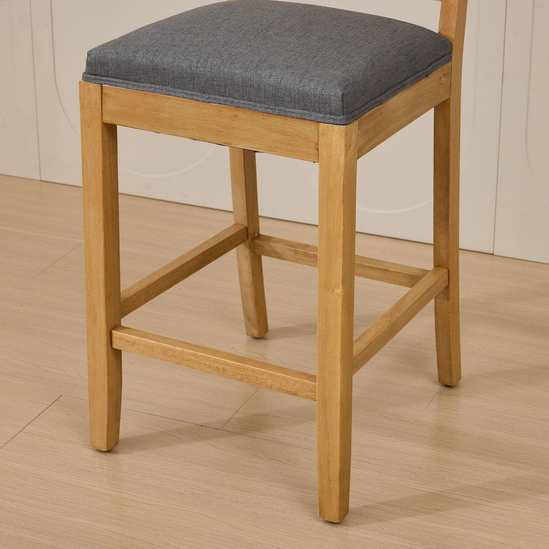 Noble House Set of 2 Rattan-Back Bar Stools, Linen Cushion, Solid Wood Frame, Gray