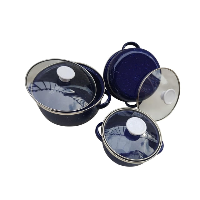 Maoww 3Pcs Enamel Mini Pot Set Universal light blue Home Set Enamel Portable Cooking Cookware dark blue