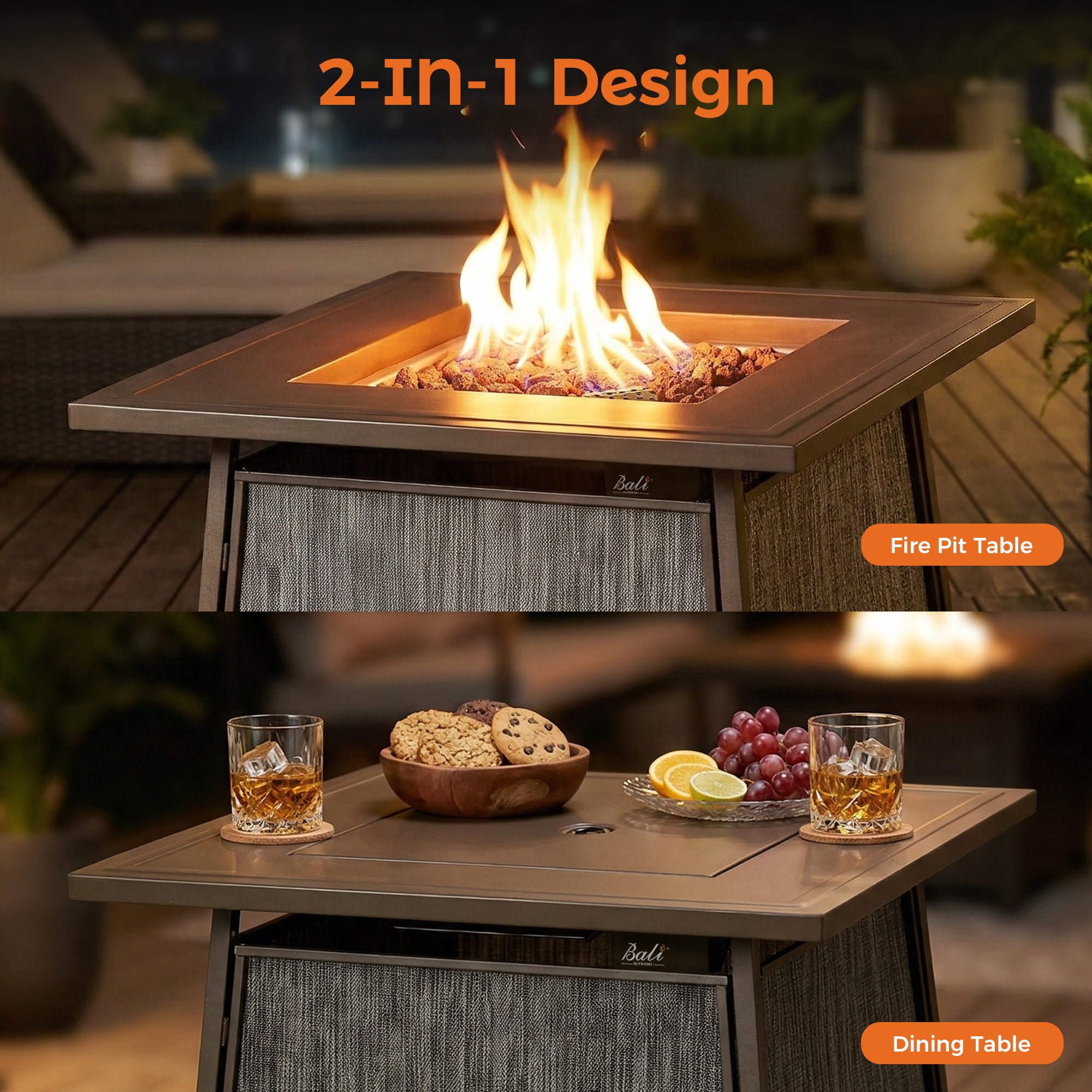 BALI OUTDOORS 28" Gas Fire Pit Table with Metal Lid and Lava Rocks, 50,000 BTU / Gray