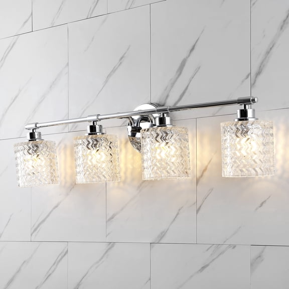 JONATHAN Y Spaulding Vintage 31.5" 4-Light Iron/Chevron Pattern Glass Farmhouse Cottage LED Vanity Light, Chrome