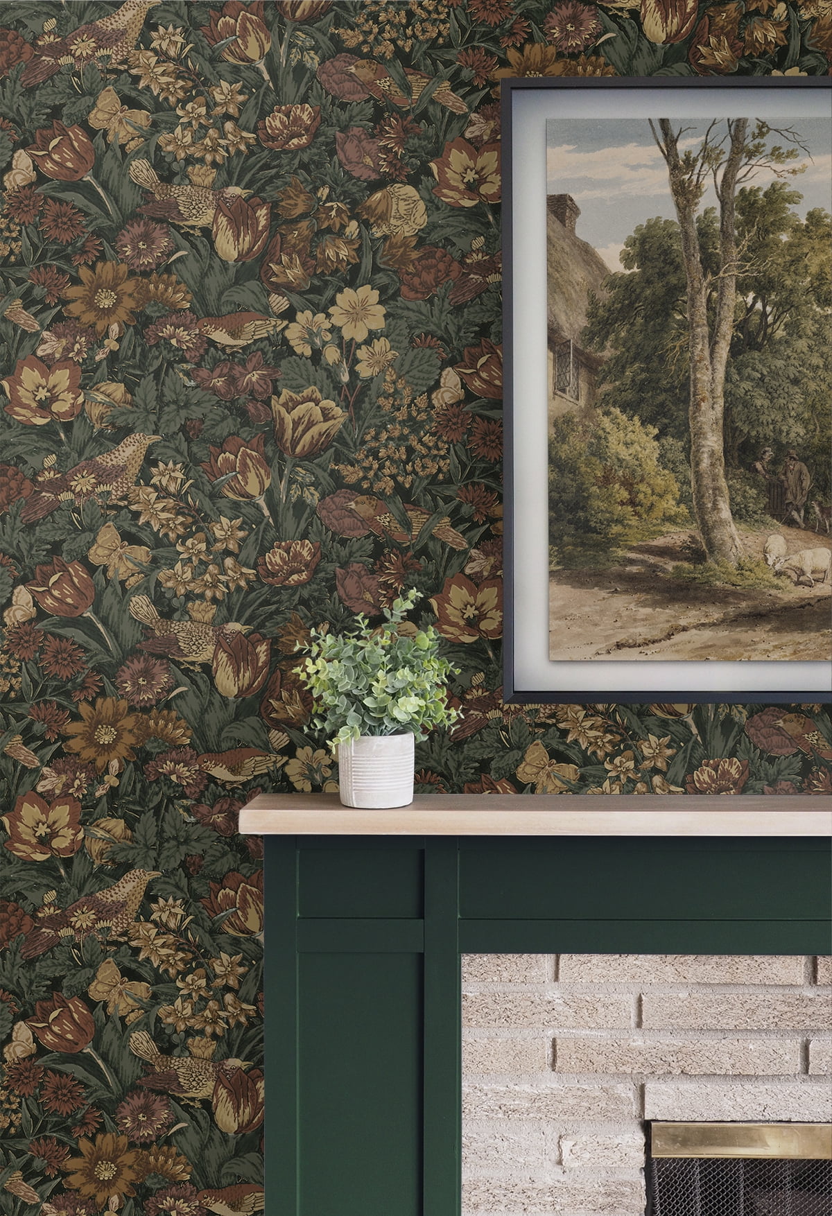 Seabrook Designs Mahogany & Graphite Bird Floral Prepasted Wallpaper