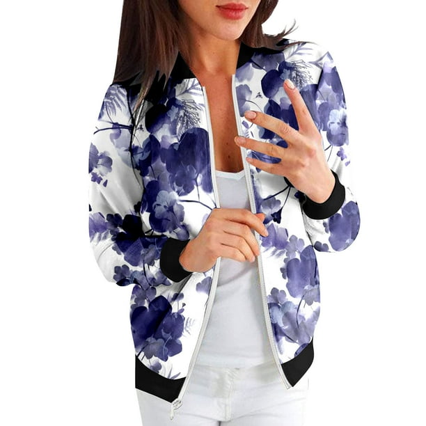 Gibobby Chaquetas tendencia ocio Abrigo suelto para mujer, cuello Rojoondo, cremallera, manga larga, chaqueta clásica con estampado Floral, Top informal, prendas de vestir diarias (Morado, XL)