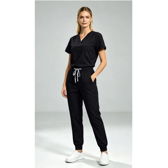 Scrub Sets for Woman Solid Color V-Neck Short Sleeve Long Pants Nurse Uniform with Pock Black S