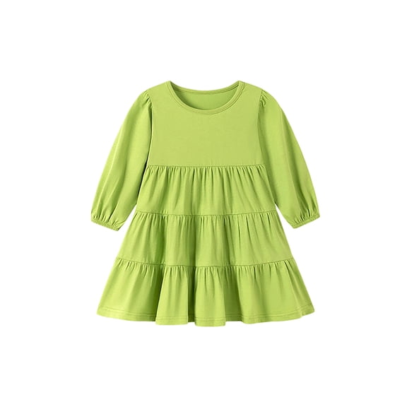 Girls Solid Color Long Sleeve Tiered Dress, Crew Neck Puff Sleeve Ruffle Layer Swing Skirt, Soft Casual Kids Outfit for Spring Summer Autumn Daily School Outdoor Wear(Green,6-7 Years)