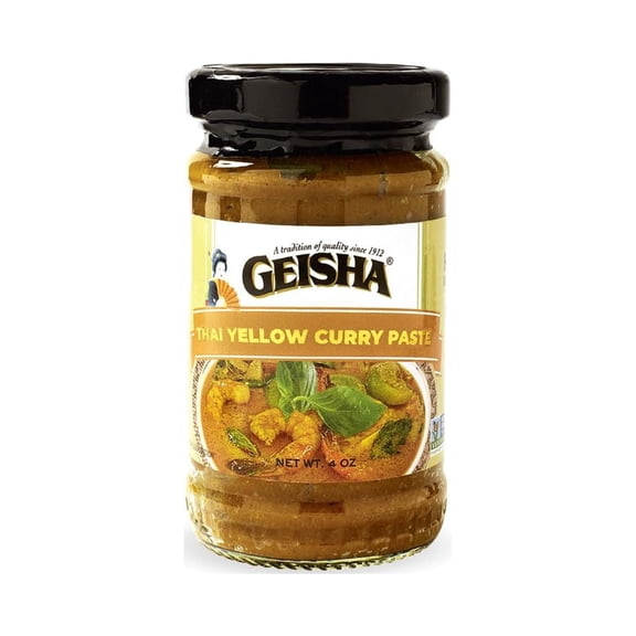 GEISHA THAI YELLOW CURRY PASTE N.W 4oz(Pack of 12), Curry Paste | Spicy Level-Mild, Halal Certified, Vegan Certified, NON-GMO certified, Product of Thailand, Zero Saturated Fat and Zero Trans Fat