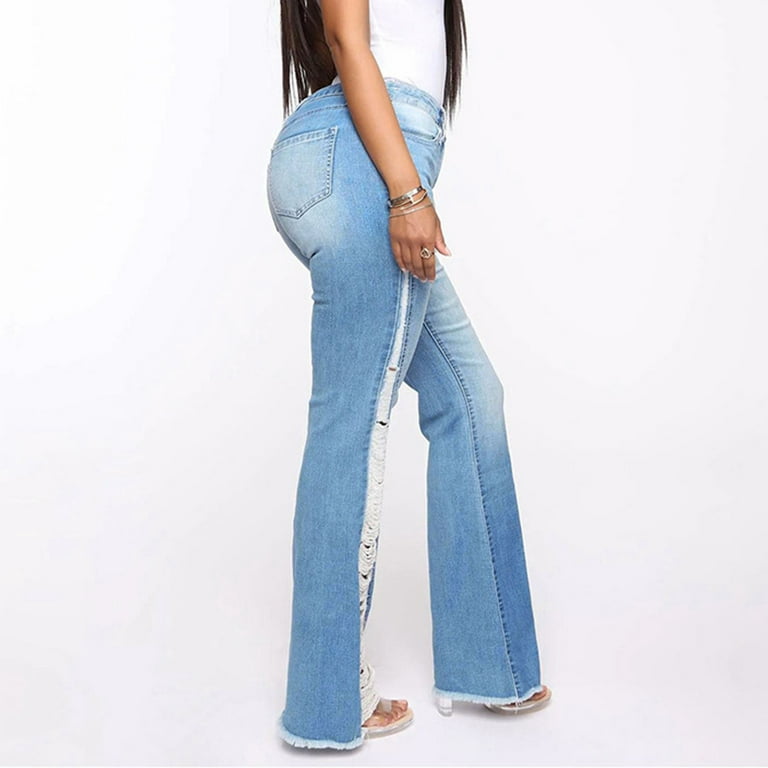 Pbnbp Low Rise Jeans for Women Plus Size Stretch Skinny Frayed Raw Hem Ripped Denim Pants Fashion Full Length Jeans Pants with Button Pockets, Women's