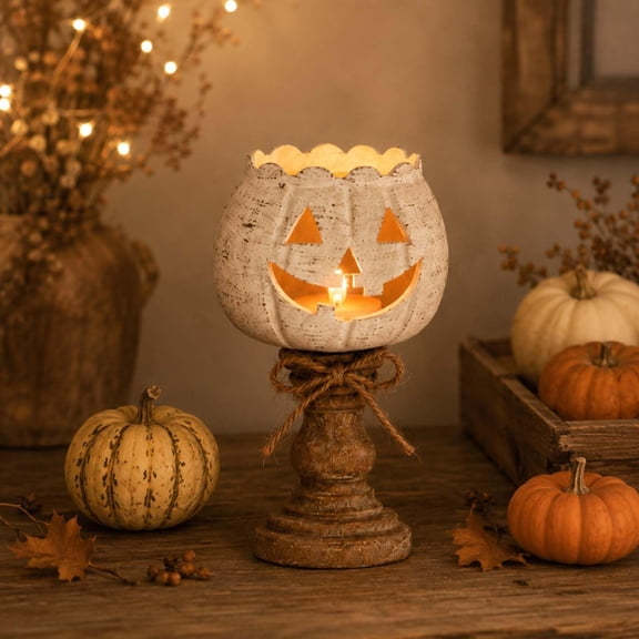 Rustic Halloween Pumpkin Candle Holder, Farmhouse White Jack-O'-Lantern with Wooden Style Pedestal Base for Fireplace Centerpiece, Halloween Thanksgiving Fall Table Centerpiece Decor,Small