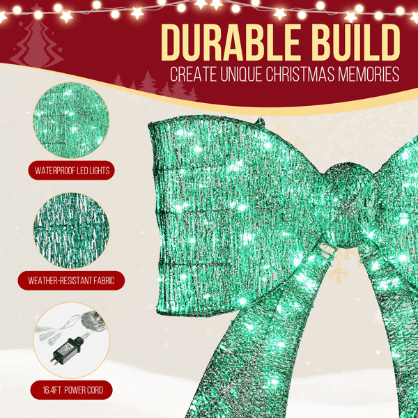 28.3in Pre-Lit Outdoor Christmas Bowknot, 124 Warm White LEDs, Sparkling Tinsel Fabric, Collapsible for Indoor/Outdoor Use
