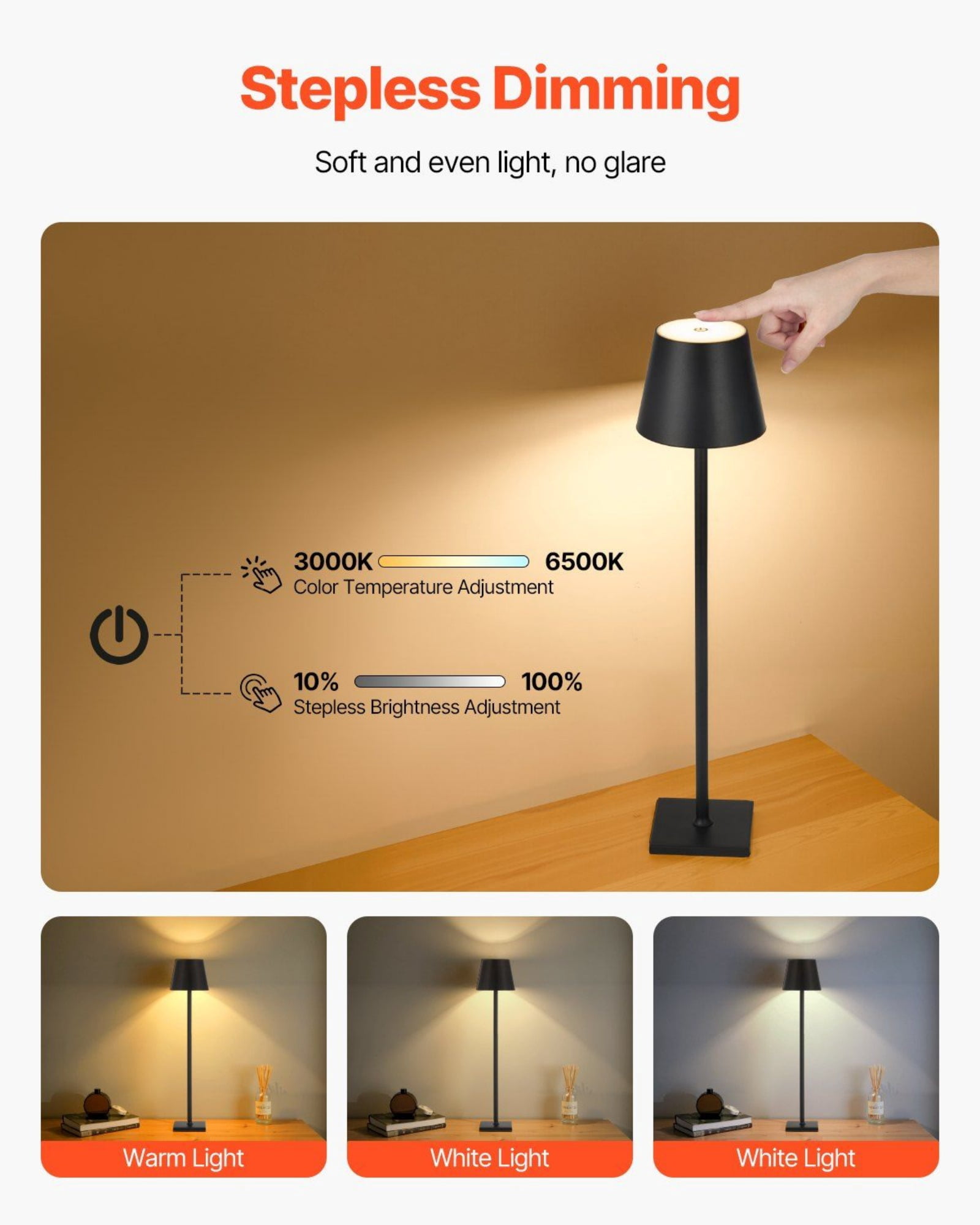 2-Pack Cordless Table Lamps - Rechargeable Battery Desk Lamps with Adjustable Height, 3 Lighting Modes - Portable Nightstand Lamps for Bedroom, Office, Dorm - 20H Runtime, USB-C Charging (Black)