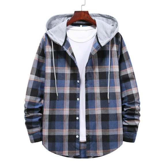 Guieoi Mens Coats Outerwear Winter Jackets Clearance Men Plaid Fashionable Casual Button Drawstring Long Sleeve Hooded Outwear Jacket Blue Black*Friday/Cyber*Monday Clearance