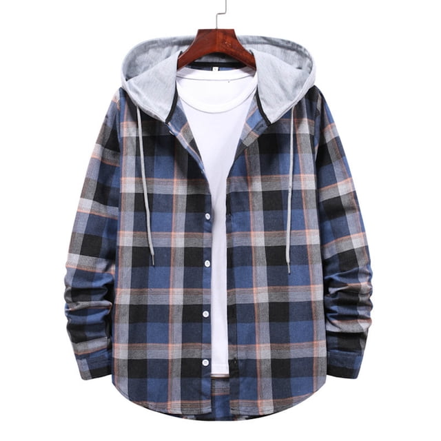 Mgmyaa Men's Plaid Hooded Jacket Drawstring Outdoor Flannel Shacket Casual Loose Fit Button Down Shirt