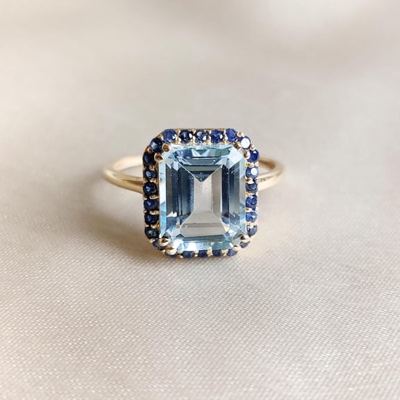 Natural Sky Blue Topaz & Blue Sapphire Ring, 14K Solid Yellow Gold Sky Blue Topaz Ring, Engagement Ring, December Birthstone, Sapphire Ring