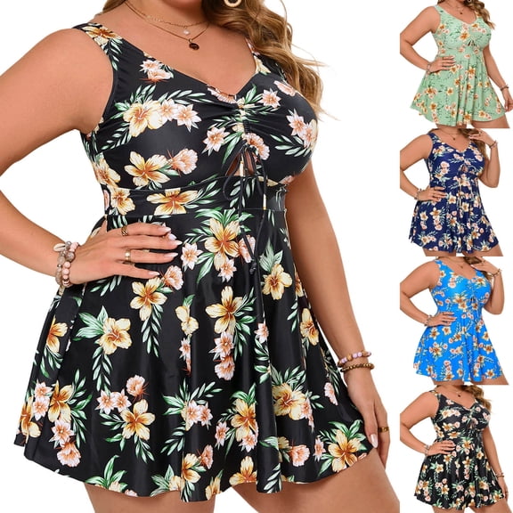 Women's Plus Size Swimwear V Neck Hollow Out Tank Tops High Waist Shorts Stretchy Modest 2 Piece Tankini Sets (XL, Black)