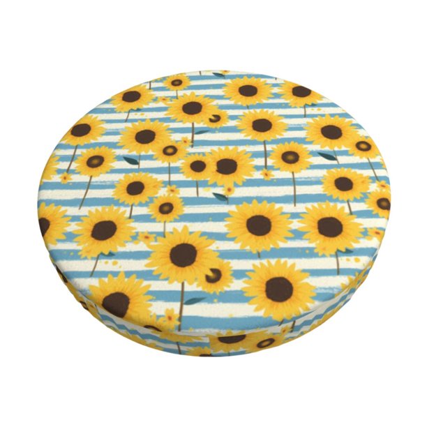 Disketp Blue White Striped Sunflower A Funda Redonda para Taburete, Funda de Cojín para Silla de Bar Suave y Elástica-13 inch