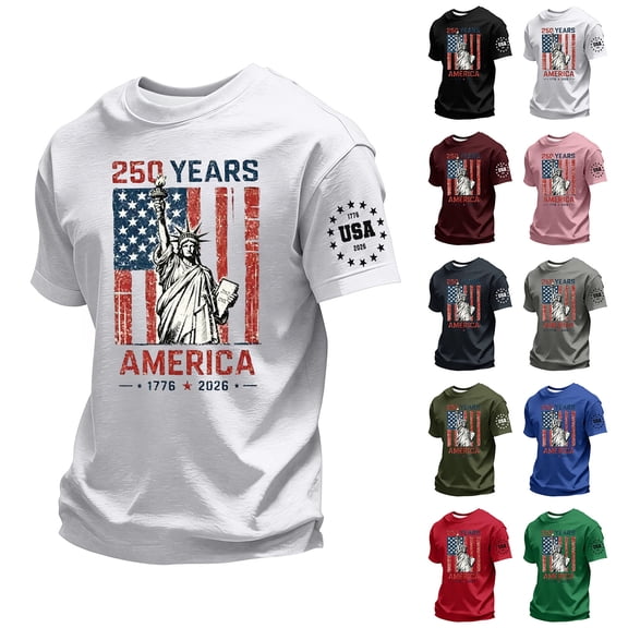Men's 250 Years of Freedom Patriotic T-Shirt with Liberty Statue and USA Flag Graphic and Short Sleeves Featuring Crew Neck Design Army Green L