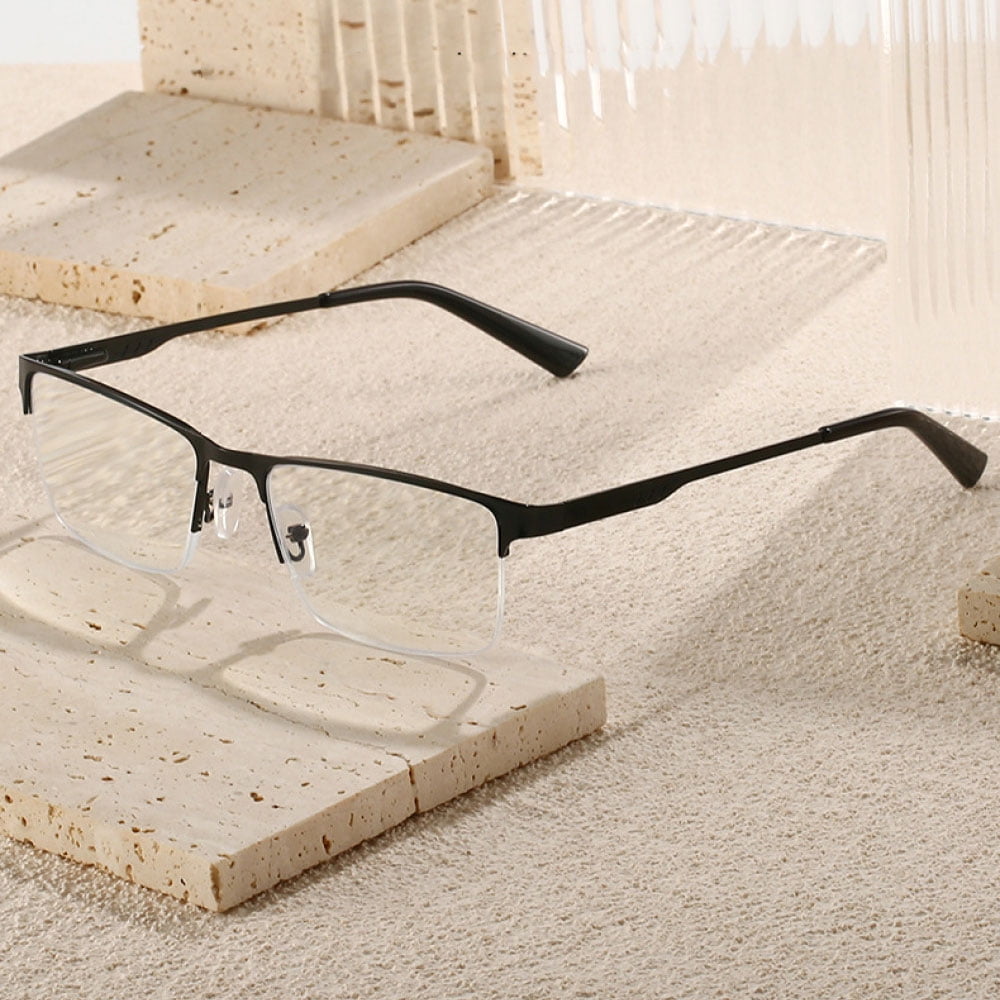 3 Pairs of Mens Metal Square Half Rimless Reading Glasses, Blue Light Blocking Classic Spring Hinges Oversized Black Readers +1.50