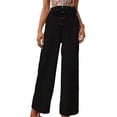 thumbnail image 3 of Pantalones de piernas anchas para mujer, pantalones de color sólido con botones en la parte delantera, informales, holgados, para vacaciones, citas, trabajo, vida diaria, negro M, 3 of 6