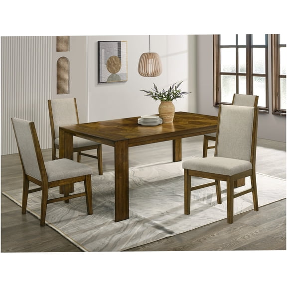 5-Piece Rectangular Dining Set with Upholstered Chairs and Solid Wood Table, Brown