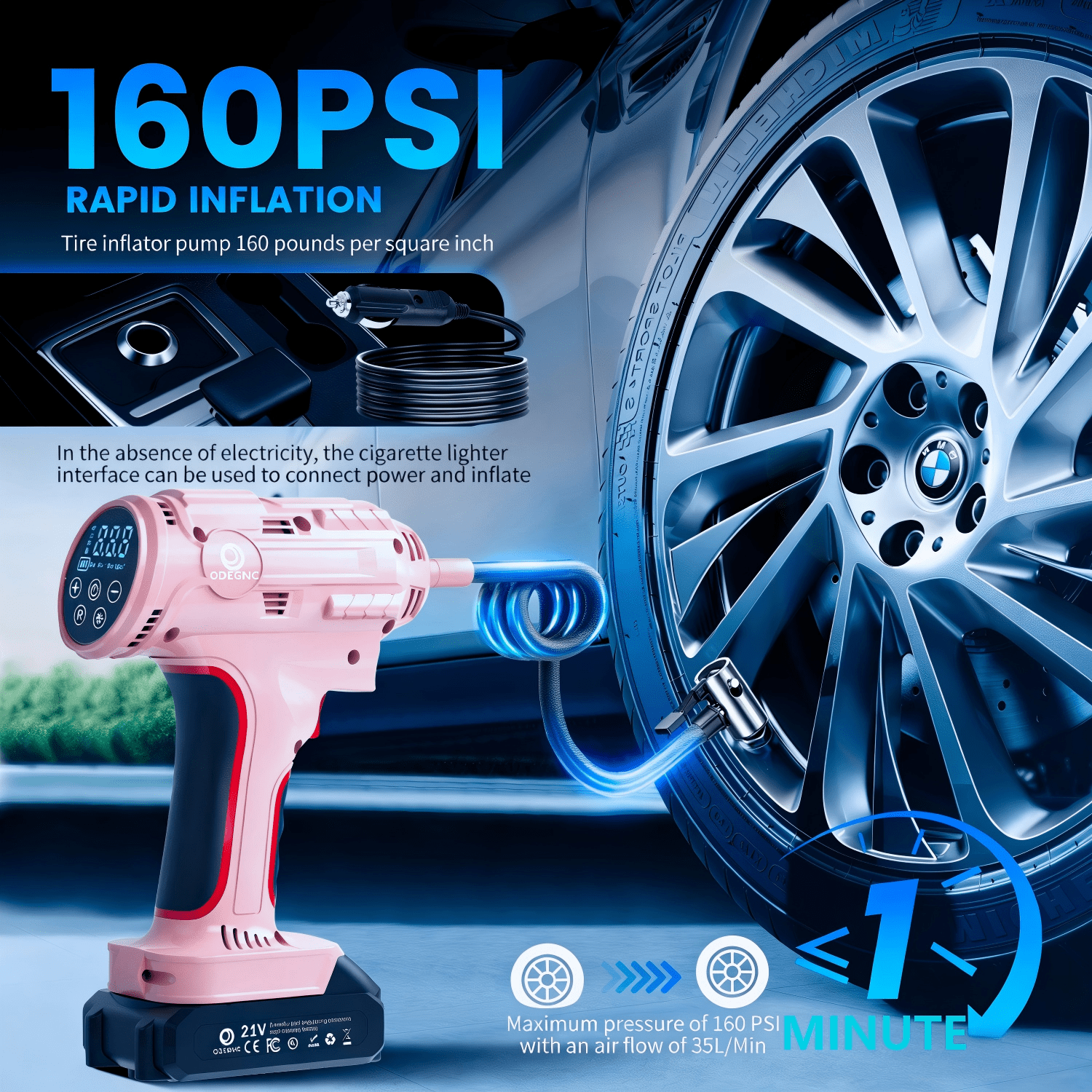 ODEGNC 21V 160PSI Cordless Tire Inflator, 10000mAh Portable Air Compressor, Auto Shut-off, 12V DC Car Air Pump for Vehicle