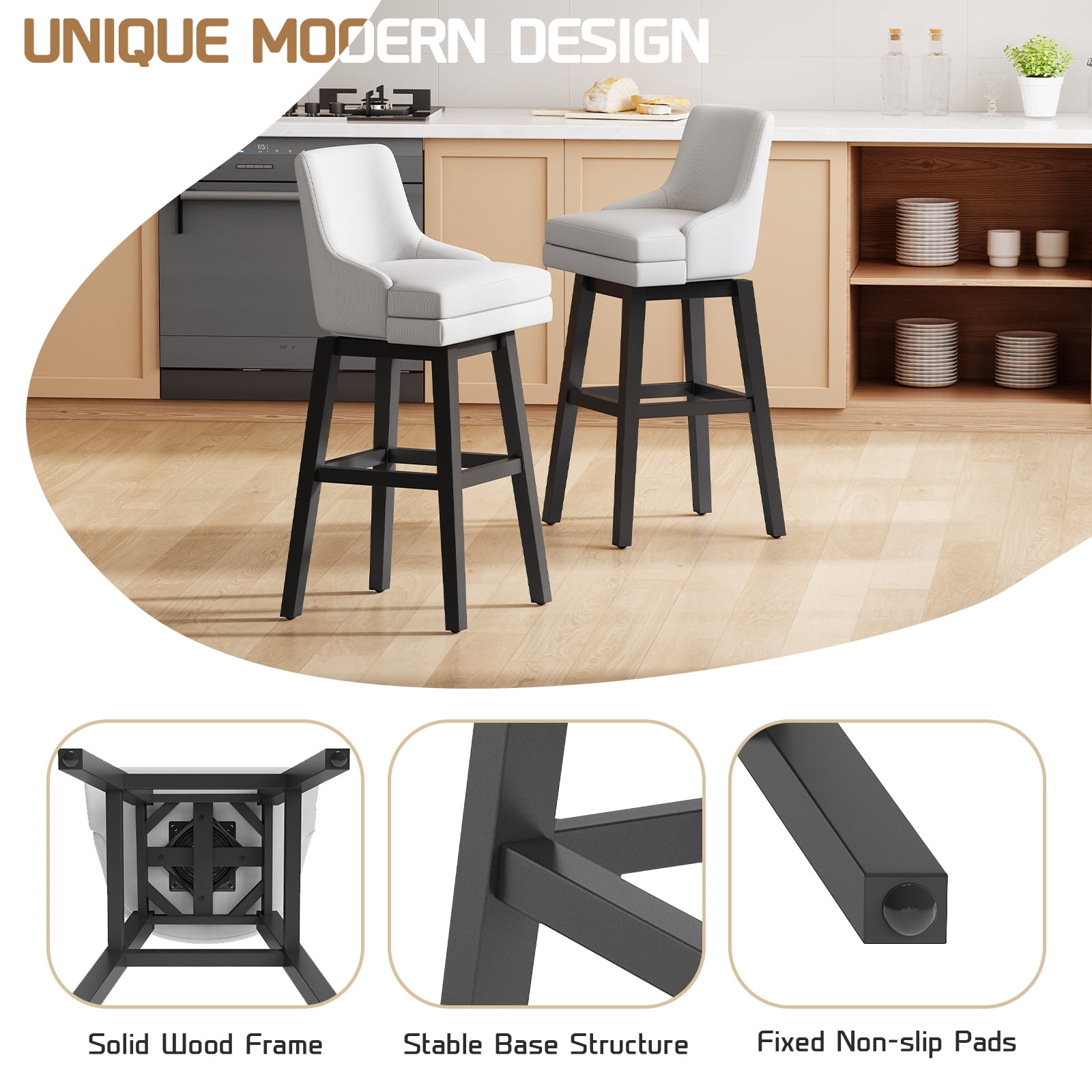Ninecer 26" Counter Height Bar Stools, Swivel Bar Stools with Back, Modern Bar Chairs, Barstools with Footrest, White (Set of 4)