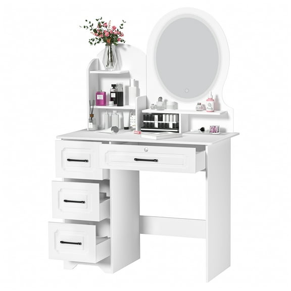 AQSQ Makeup Vanity Set with Lighted Mirror, Large Makeup Vanity with Storage Cabinet and Drawers, Dressing Table for Girls, Women, White