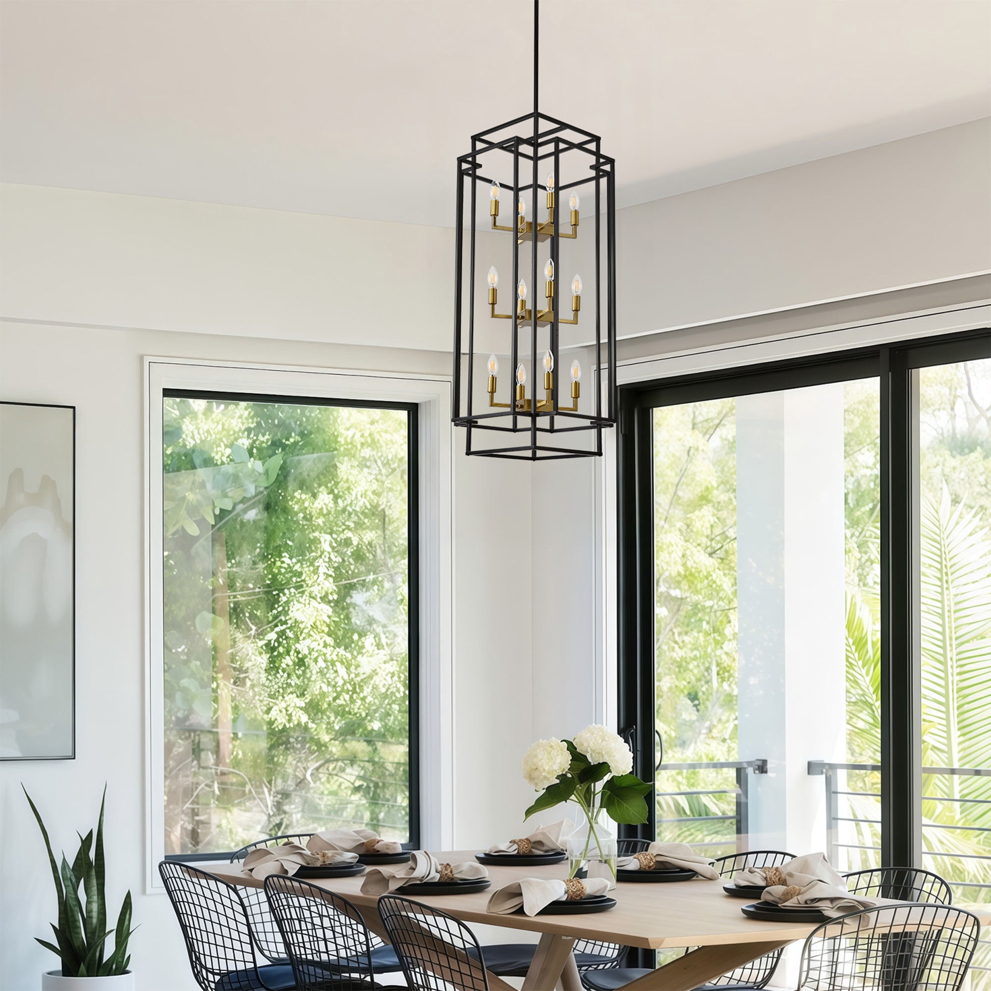 12-Light Lantern Tiered Pendant Light Fixtures,Farmhouse Foyer Chandelier, Black and Gold Dining Room Light Fixture for Living Room Staircase Entryway