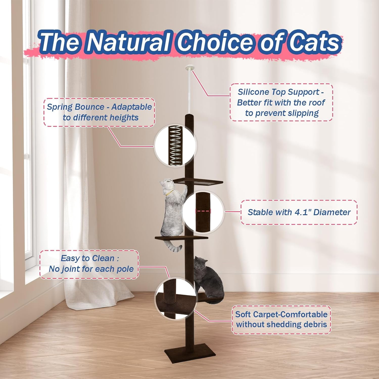 Cat Craft Floor to Ceiling Cat Tree Tower with 4-Tiers for Climbing, Adjustable to Fit 98-108 Inches Tall Ceiling, Brown