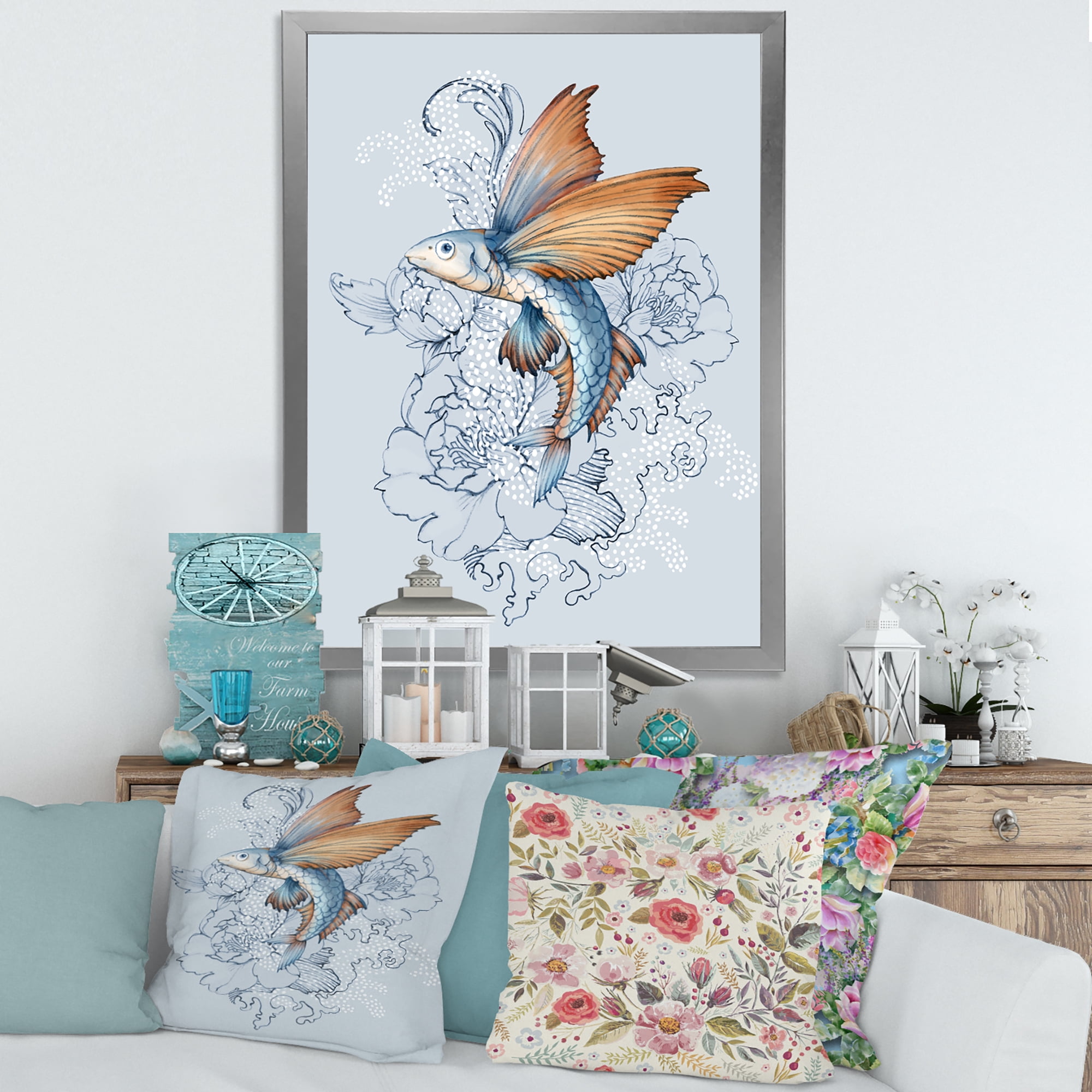 Designart 'Flying Fish and Peonies' Traditional Framed Art Print