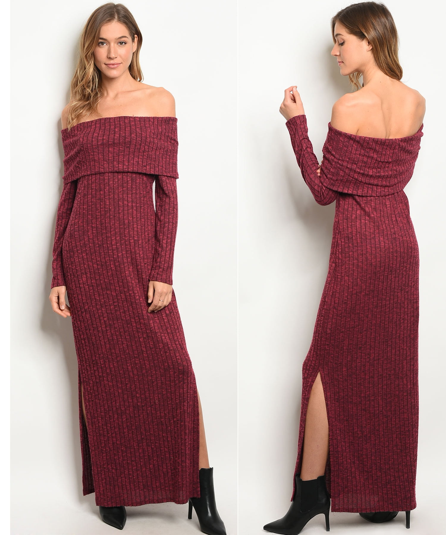 rib knit off the shoulder maxi dress