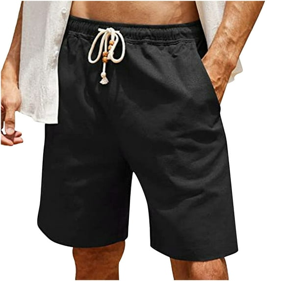 YYDGH Men's Shorts Casual Summer Beach Drawstring Linen Cotton Short with Pockets and Elastic Waist Black XL